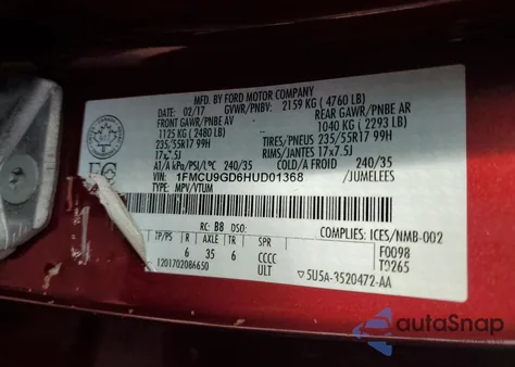 2017 Ford Escape Se z USA, uszkodzony, nr VIN 1FMCU9GD6HUD01368